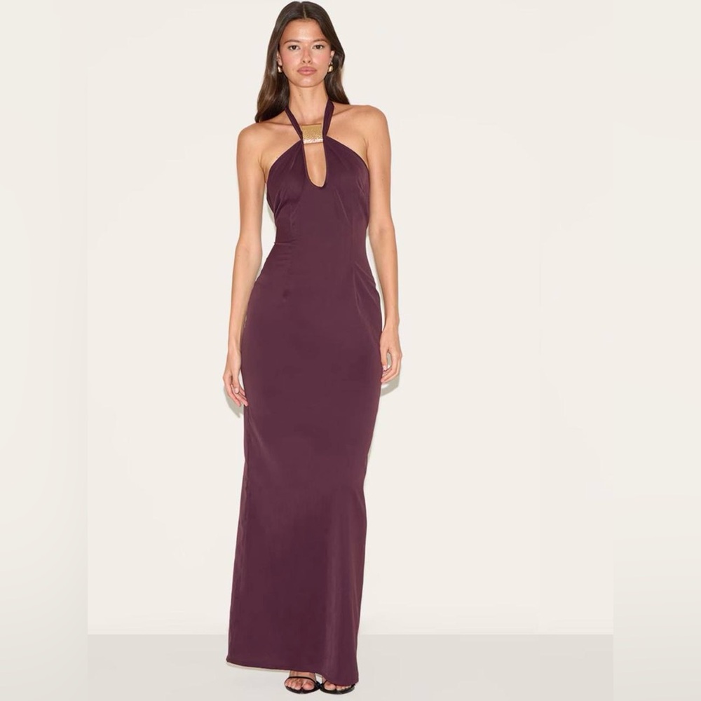 PLT Elegant Halter Neck Maxi Dress in Plum